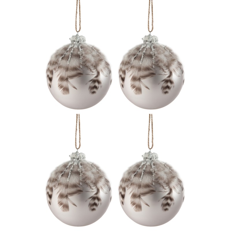 Boite de 4 boules de Noël en Verre et Plumes gris 10x10x10cm Boite de 4 boules de Noël en Verre et Plumes gris 10x10x10cm