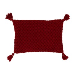 Cojín rectangular de ganchillo con flecos de acrílico rojo, 58 x 39 cm.