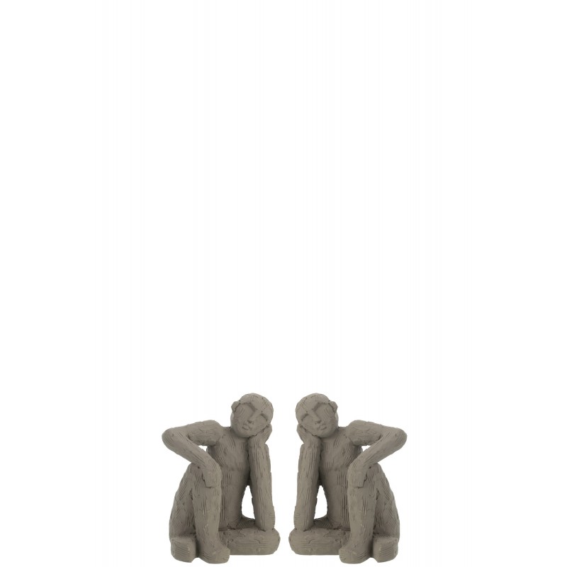 Set de 2 serre-livres personnages assis en ciment gris 13x12x17cm