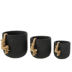 Cachepot avec singe or en ciment noir 18x14x14cm