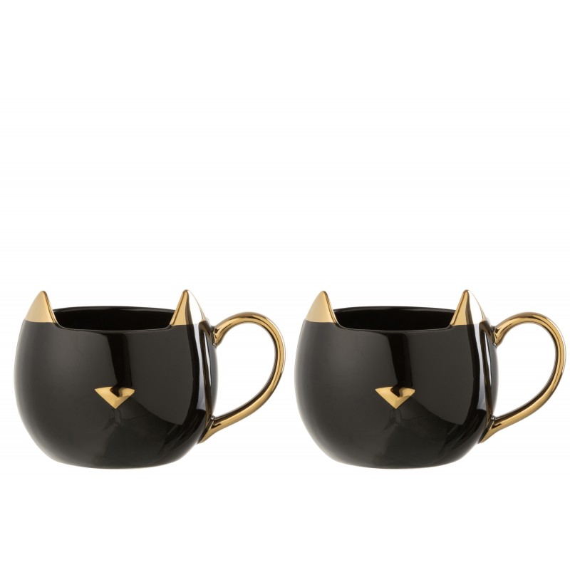 Lot de 2 mugs chat en porcelaine noir et or 14x10x9cm