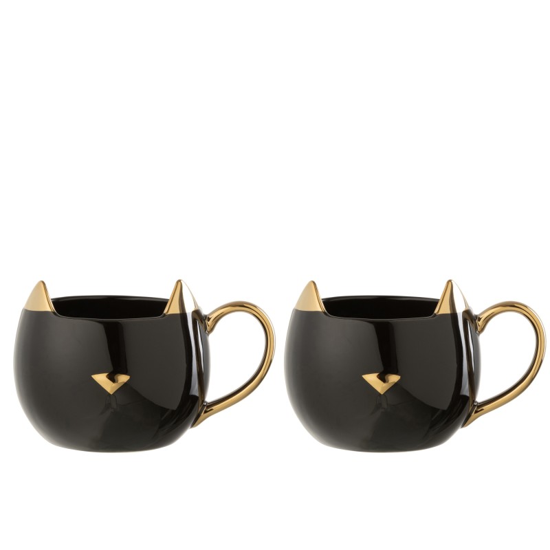 Set di 2 tazze per gatti in porcellana nera e oro 14x10x9cm Set di 2 tazze per gatti in porcellana nera e oro 14x10x9cm