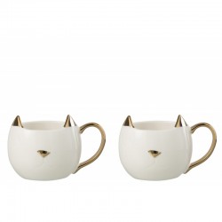 Lot de 2 mugs chat en porcelaine blanc et or 14x10x9cm