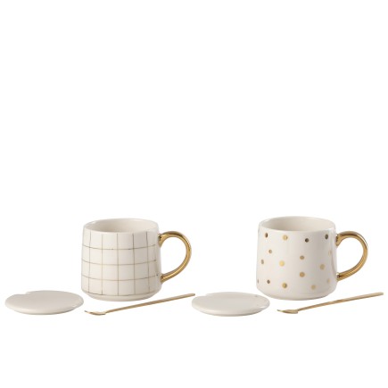 Lot de 2 mugs avec couvercle en porcelaine blanche 8x12x8cm