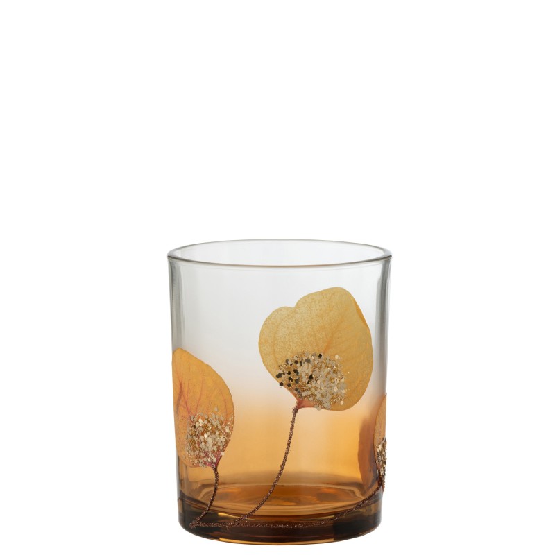 Photophore avec feuilles séchées ocre en verre transparent 8x10cm Photophore avec feuilles séchées ocre en verre transparent 8x10cm