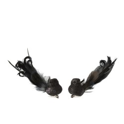 Lot de 2 oiseaux pailletés avec clip en plume noire L15cm