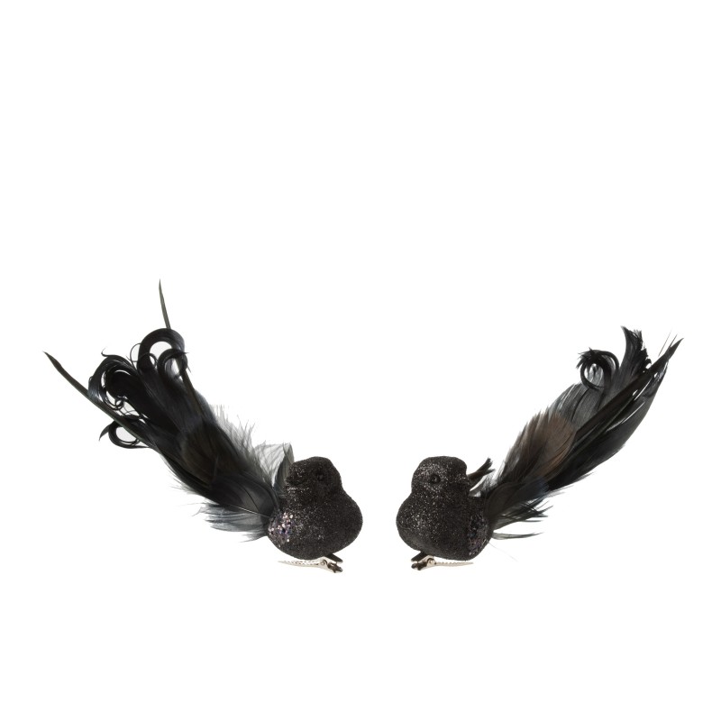 Lot de 2 oiseaux pailletés avec clip en plume noire L15cm Lot de 2 oiseaux pailletés avec clip en plume noire L15cm