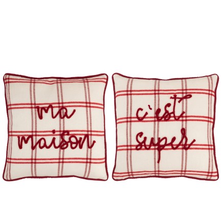 Lot de 2 coussins avec texte à carreaux en polyester blanc 44x44cm