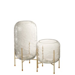 Vase rond en verre sur pied en métal doré 19x22.5cm