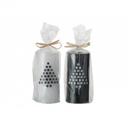Assortiment de deux bougies cylindriques noir et blanche avec un motif de sapin de noël