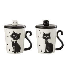 Lot de 2 mugs chats avec couvercle et cuillère en porcelaine blanc et noir 11x8x11cm
