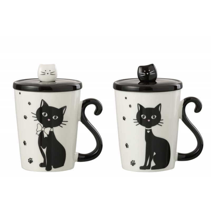 Lot de 2 mugs chats avec couvercle et cuillère en porcelaine blanc et noir 11x8x11cm