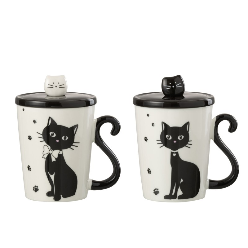 Lot de 2 mugs chats avec couvercle et cuillère en porcelaine blanc et noir 11x8x11cm Lot de 2 mugs chats avec couvercle et cuillère en porcelaine blanc et noir 11x8x11cm