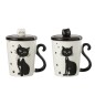 Lot de 2 mugs chats avec couvercle et cuillère en porcelaine blanc et noir 11x8x11cm Lot de 2 mugs chats avec couvercle et cuillère en porcelaine blanc et noir 11x8x11cm