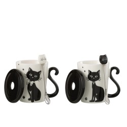 Lot de 2 mugs chats avec couvercle et cuillère en porcelaine blanc et noir 11x8x11cm
