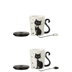 Lot de 2 mugs chats avec couvercle et cuillère en porcelaine blanc et noir 11x8x11cm