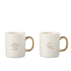 Lot de 2 mugs avec message en porcelaine blanc et or 12x8x10cm