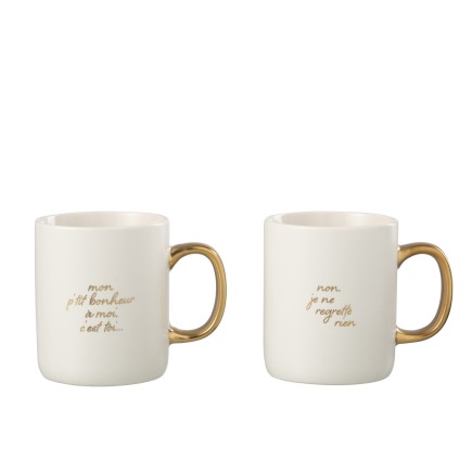 Lot de 2 mugs avec message en porcelaine blanc et or 12x8x10cm