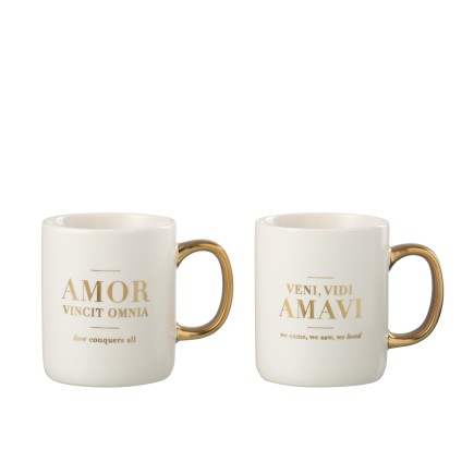 Lote de 2 tazas con mensaje en porcelana blanca y dorada de 12x8x10cm