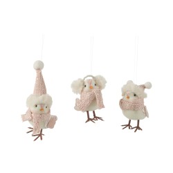 Set de 3 suspensions oiseaux en textile rose 7x10x18.5 cm