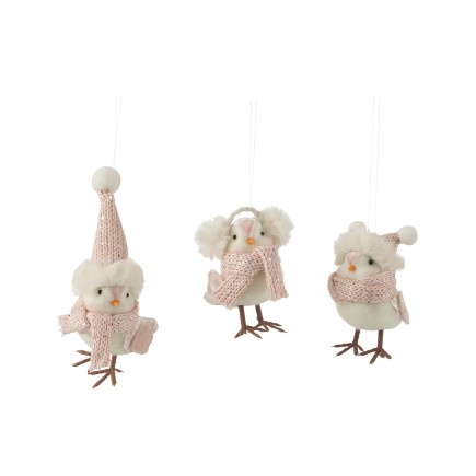 Set de 3 suspensions oiseaux en textile rose 7x10x18.5 cm