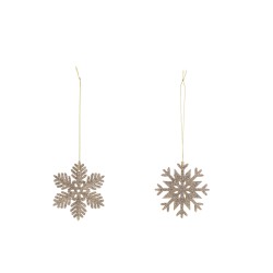 2 copos de nieve suspendidos de madera champagne D8cm