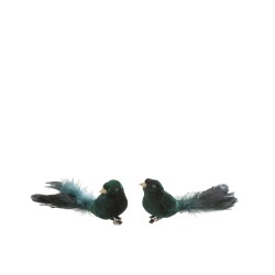 Set de 2 oiseaux à clips en plumes vert 16x5x5 cm