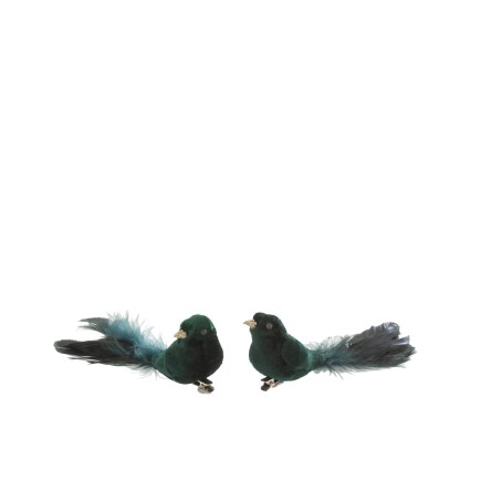 Set de 2 oiseaux à clips en plumes vert 16x5x5 cm