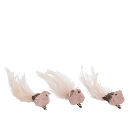Set de 3 pájaros con clip de plumas rosa 17x5x5 cm