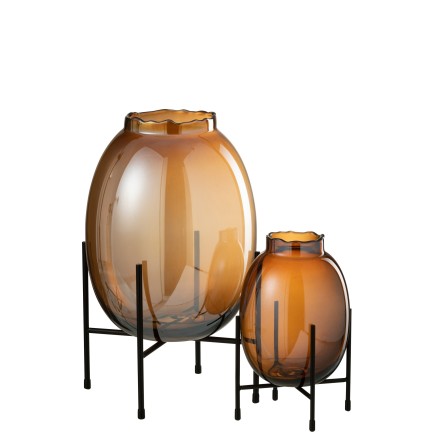 Vase sur pied métal en verre marron 26x26x39 cm