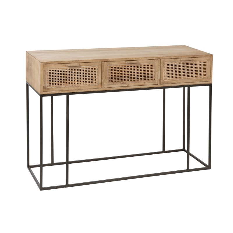 CONSOLE 3 TIROIRS ROTIN TISSE BOIS DE MANGUIER NATUREL