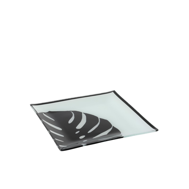 Assiette carrée avec feuilles en verre noir et blanc L20cm Assiette carrée avec feuilles en verre noir et blanc L20cm
