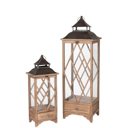 Lote de 2 faroles marrones de cristal y metal 34x28x111 cm
