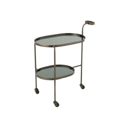 Carrito ovalado de 2 niveles de vidrio en metal gris 74x42x84cm