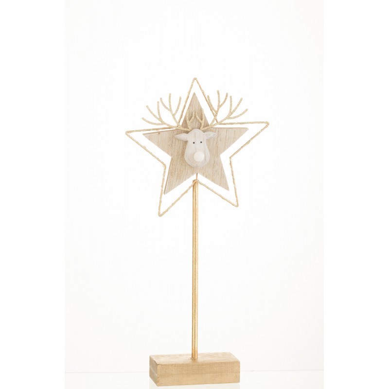 Estrella con cabeza de reno de madera dorada de 43x20x3 cm
