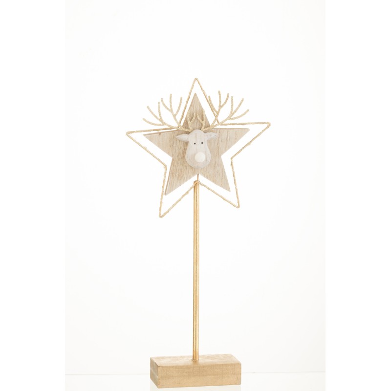 Estrella con cabeza de reno de madera dorada de 43x20x3 cm