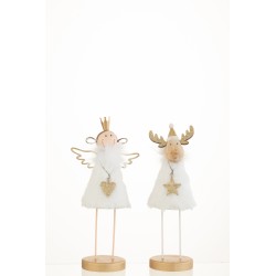Set de 2 ange et renne de Noël sur socle en métal blanc 25x12x7.5 cm