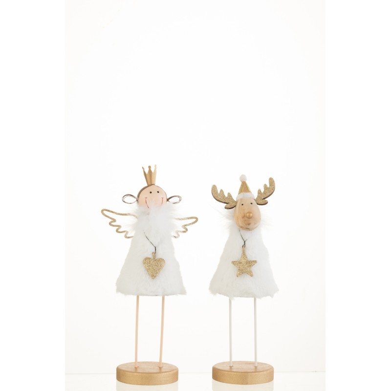 Conjunto de 2 ángeles y un reno de Navidad sobre una base de metal blanco de 25x12x7.5 cm