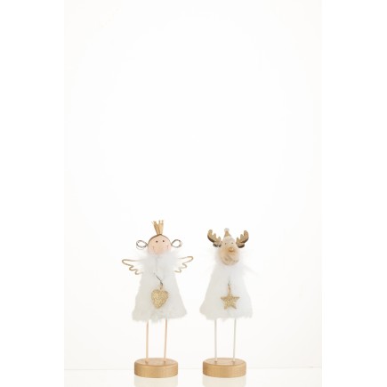 Set de 2 ange et renne de Noël sur socle en métal blanc 9x5x18.5 cm