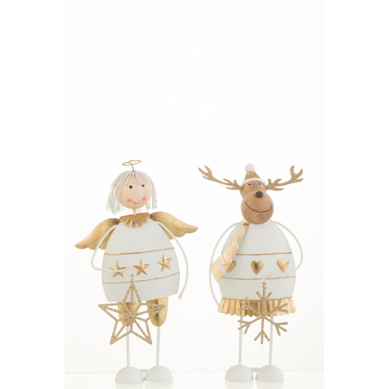 Set de 2 ange et renne de Noël en métal blanc 22.5x13x6.5 cm