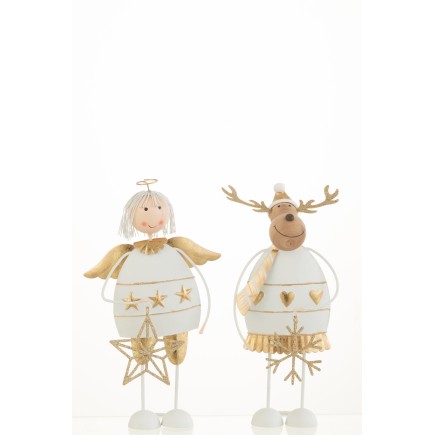 Set de 2 ange et renne de Noël en métal blanc 22.5x13x6.5 cm