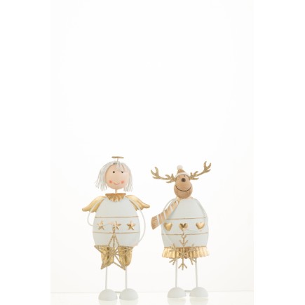 Set de 2 ange et renne de Noël en métal blanc 17.5x9x5 cm