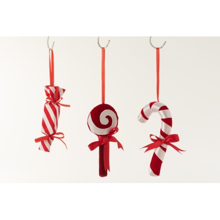 Set de 3 Suspension bonbons artificiels en textile rouge 8x3x19 cm