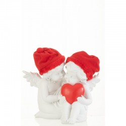 2 ángeles sentados con corazón rojo en resina blanca 18.1x13x21 cm