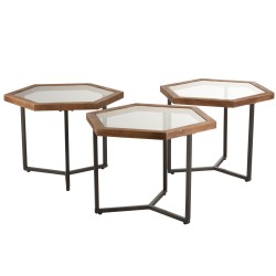 Set de 3 tables d'appoint hexagone en verre et bois marron