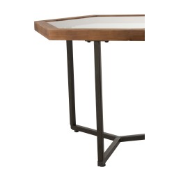 Set de 3 tables d'appoint hexagone en verre et bois marron