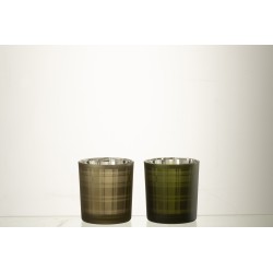 Set de 2 Photophores à motifs en verre vert 7.3x7.3x8 cm