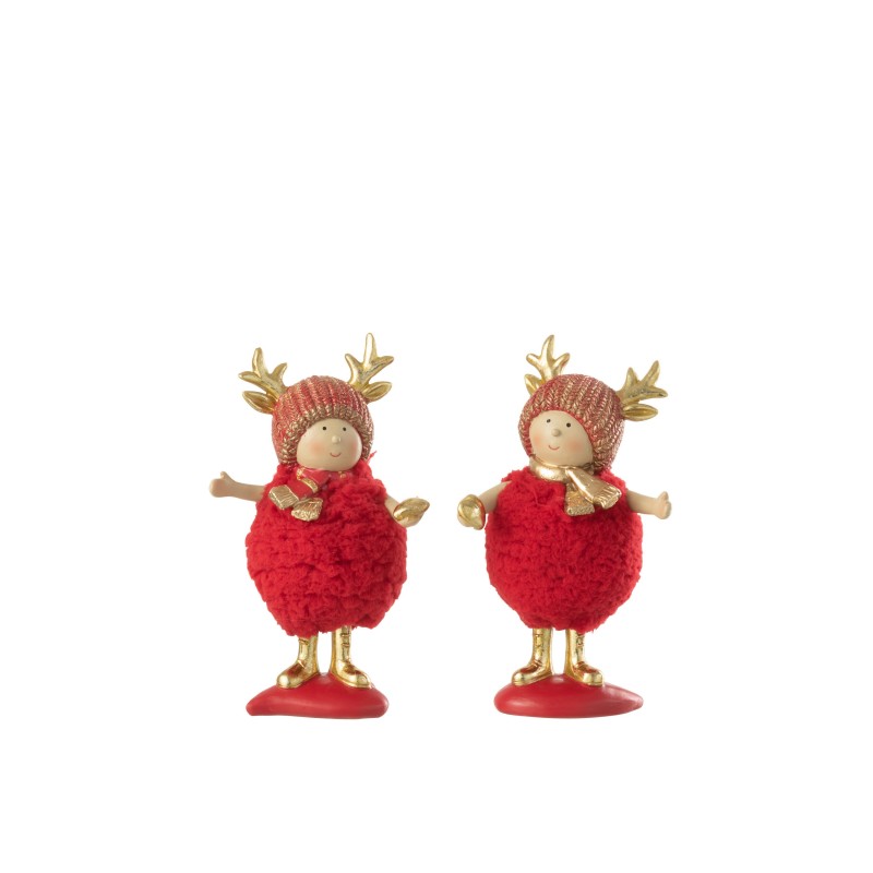 Conjunto de 2 Niños con madera de reno en resina roja 10x6x16.5 cm