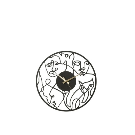 Horloge ronde avec visages en métal noir 49x49cm