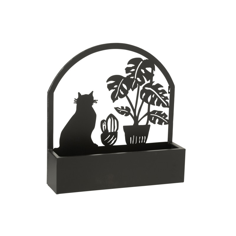 Pot de fleurs mural avec fleur et chat en métal noir L41*l11*H54cm Pot de fleurs mural avec fleur et chat en métal noir L41*l11*H54cm